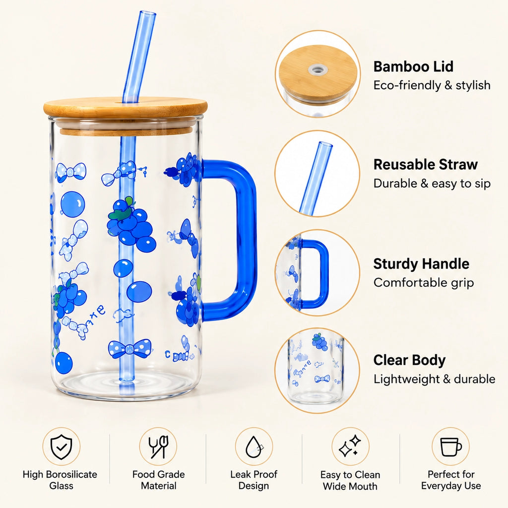 Cute Fruit Glass Sipper Mug with Bamboo Lid & Straw