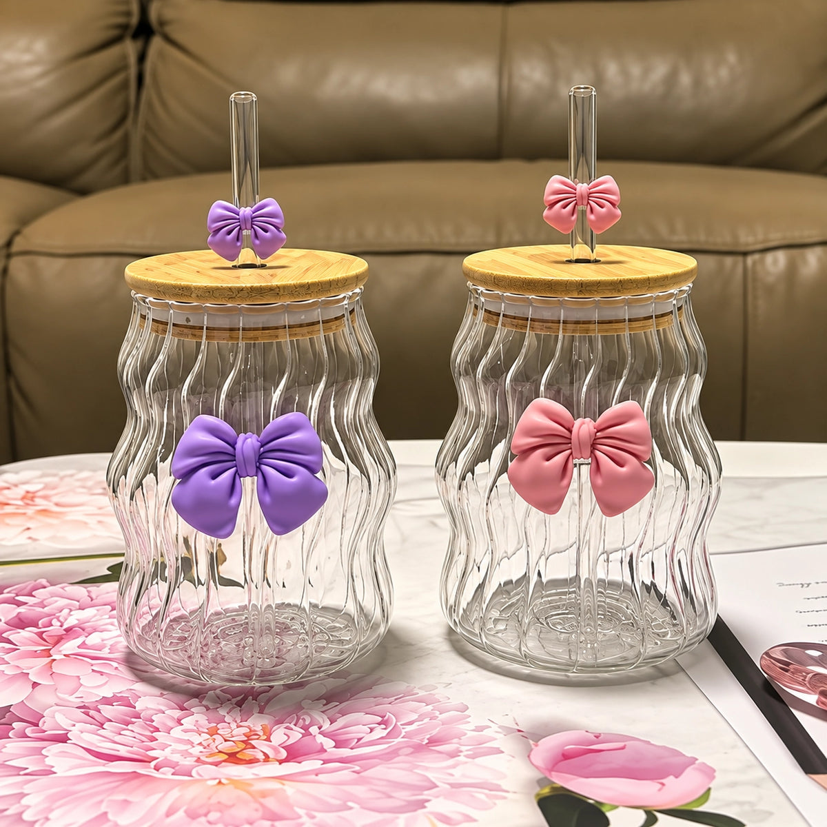 Cloud Bow Lining Sipper Glass Tumbler with Bamboo Wooden Lid & Glass Straw