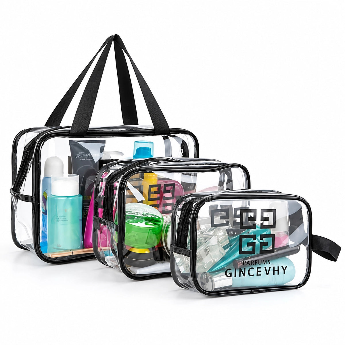 Pack of 3 Transparent Travel Cosmetic Bag Set