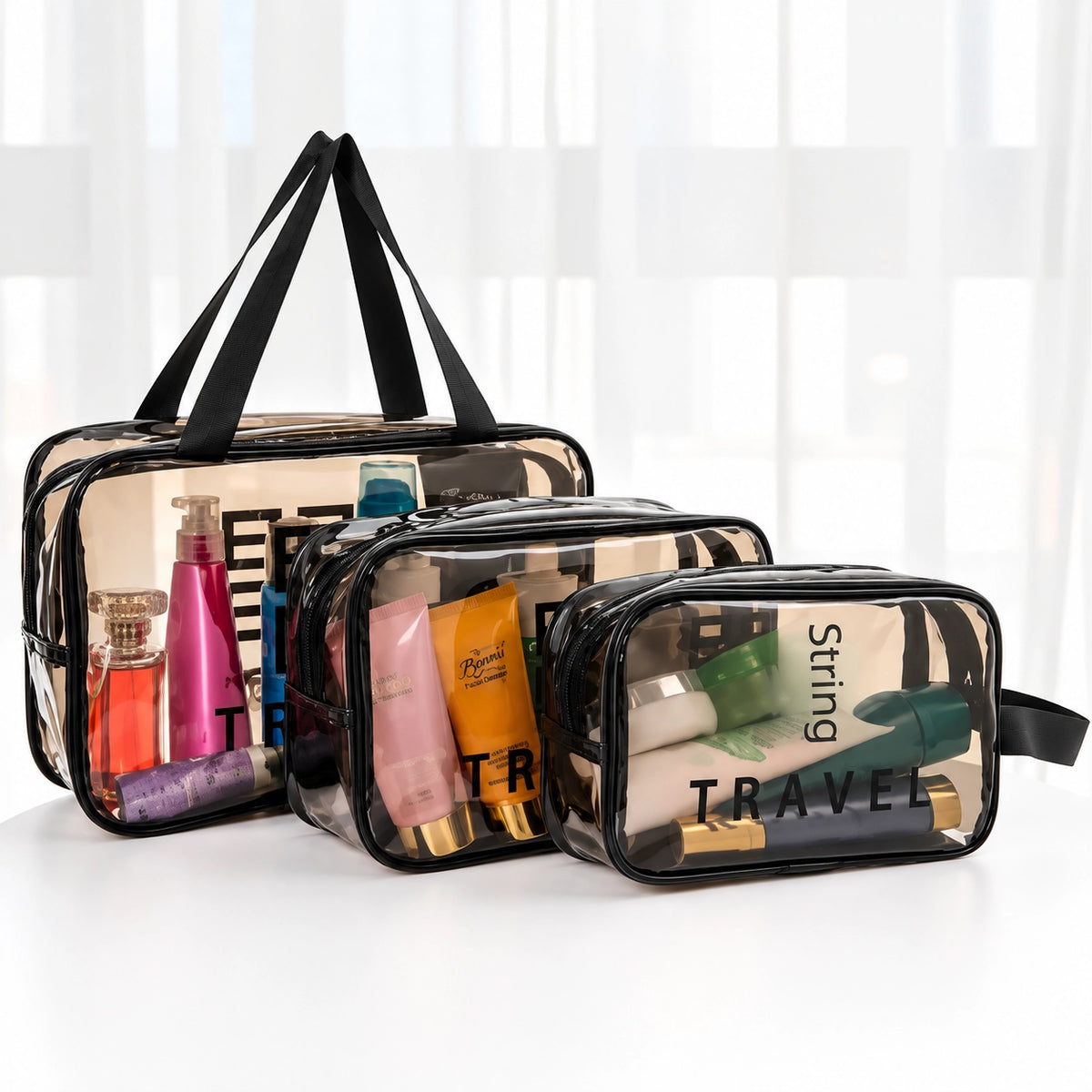 Pack of 3 Transparent Travel Cosmetic Bag Set