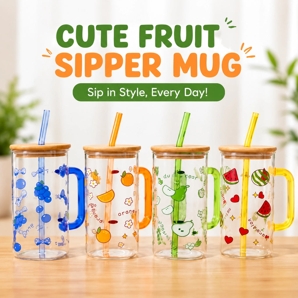 Cute Fruit Glass Sipper Mug with Bamboo Lid & Straw