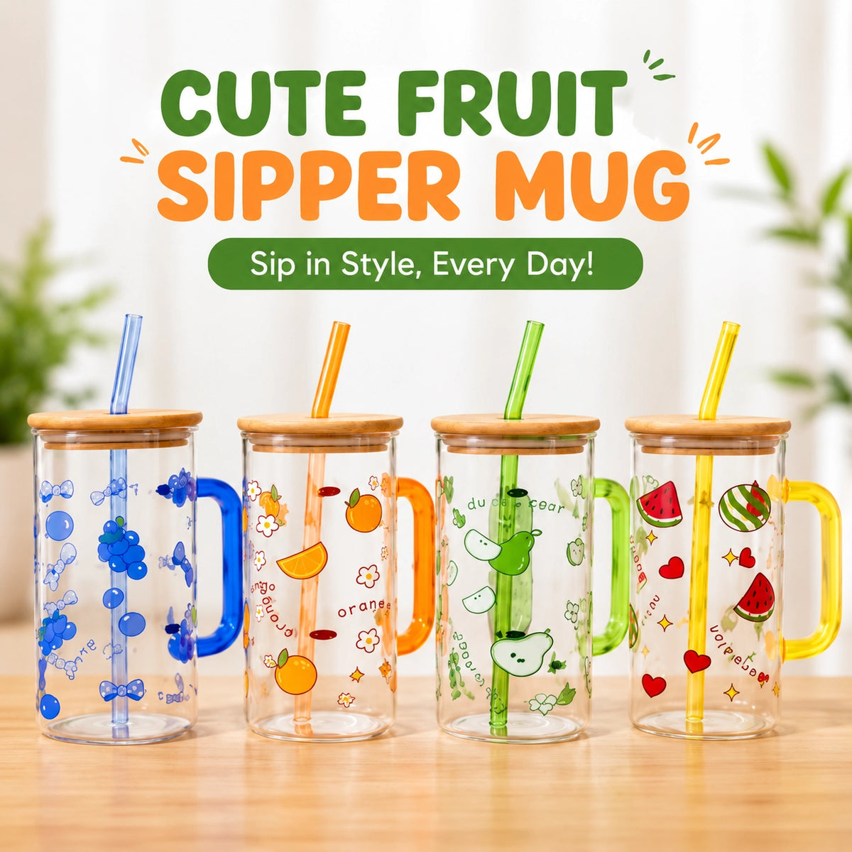 Cute Fruit Glass Sipper Mug with Bamboo Lid & Straw