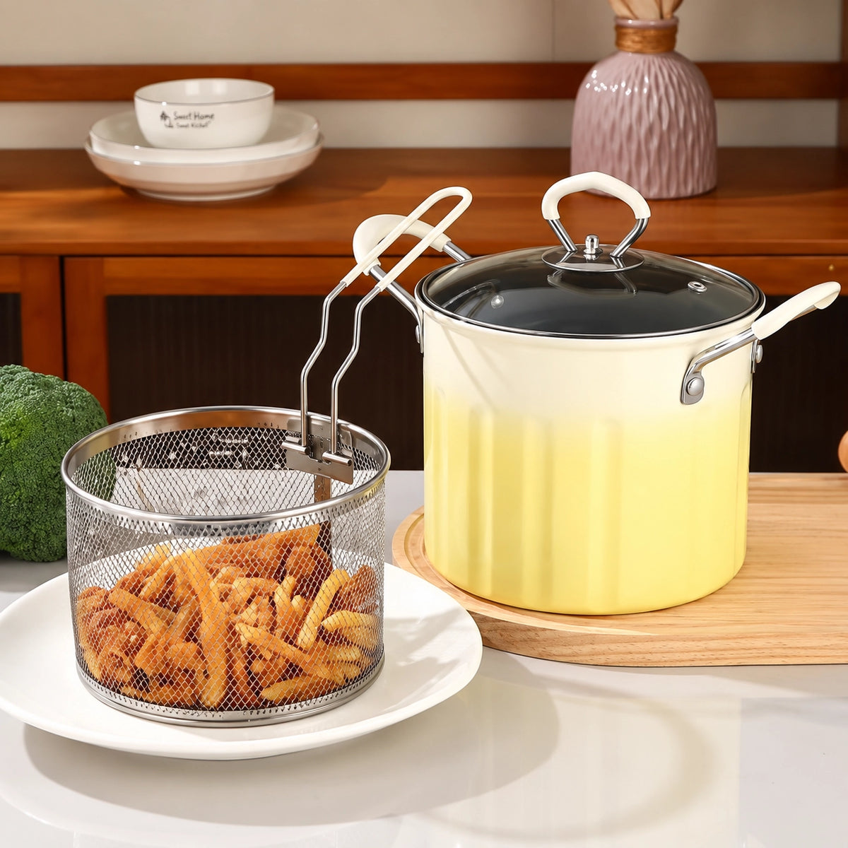3L Stainless Steel Deep Frying Pot with Strainer Basket & Glass Lid