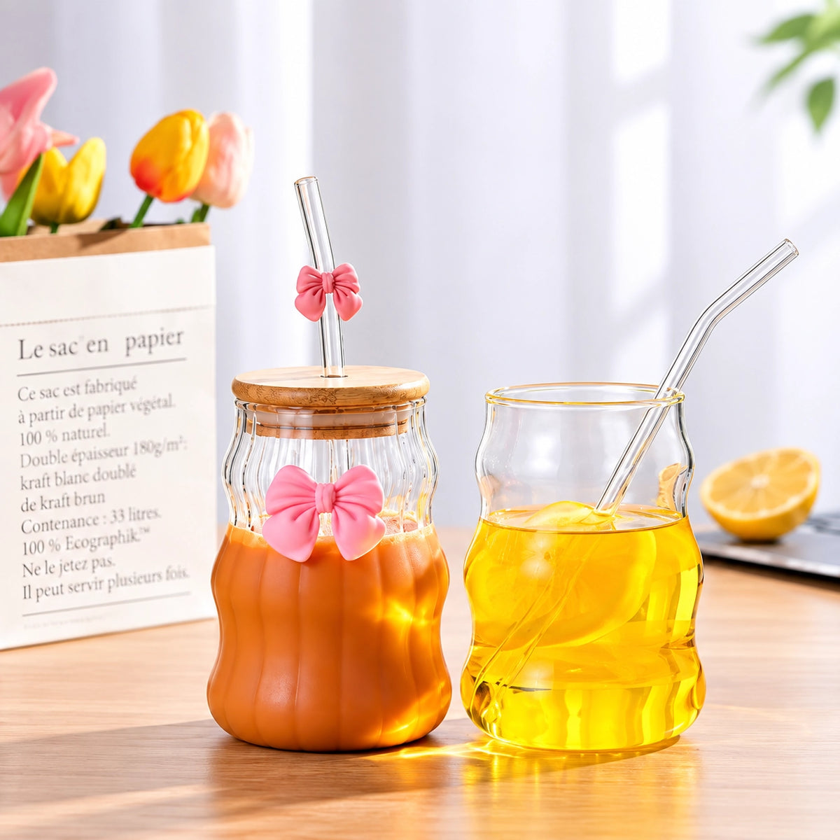 Cloud Bow Lining Sipper Glass Tumbler with Bamboo Wooden Lid & Glass Straw