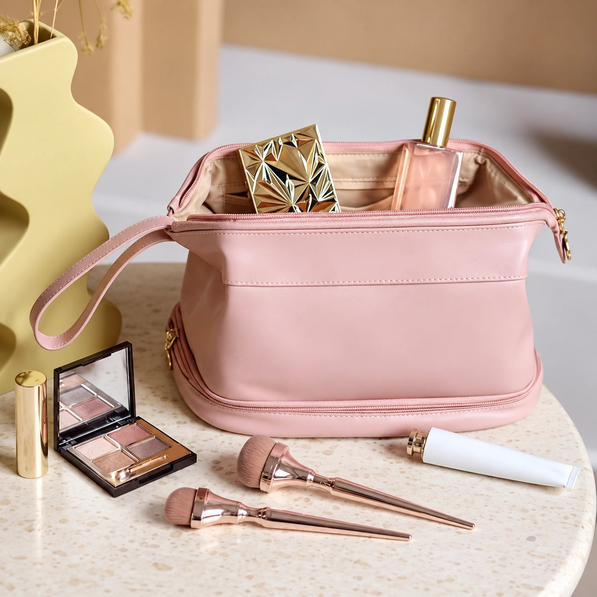 Double Layer Leather Cosmetic Pouch