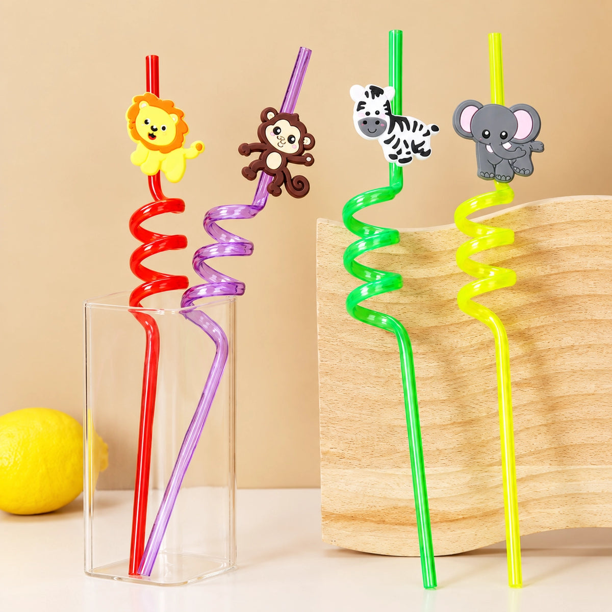 Pack of 4 Reusable Spiral Crazy Straws with Cute Cartoon Attachments