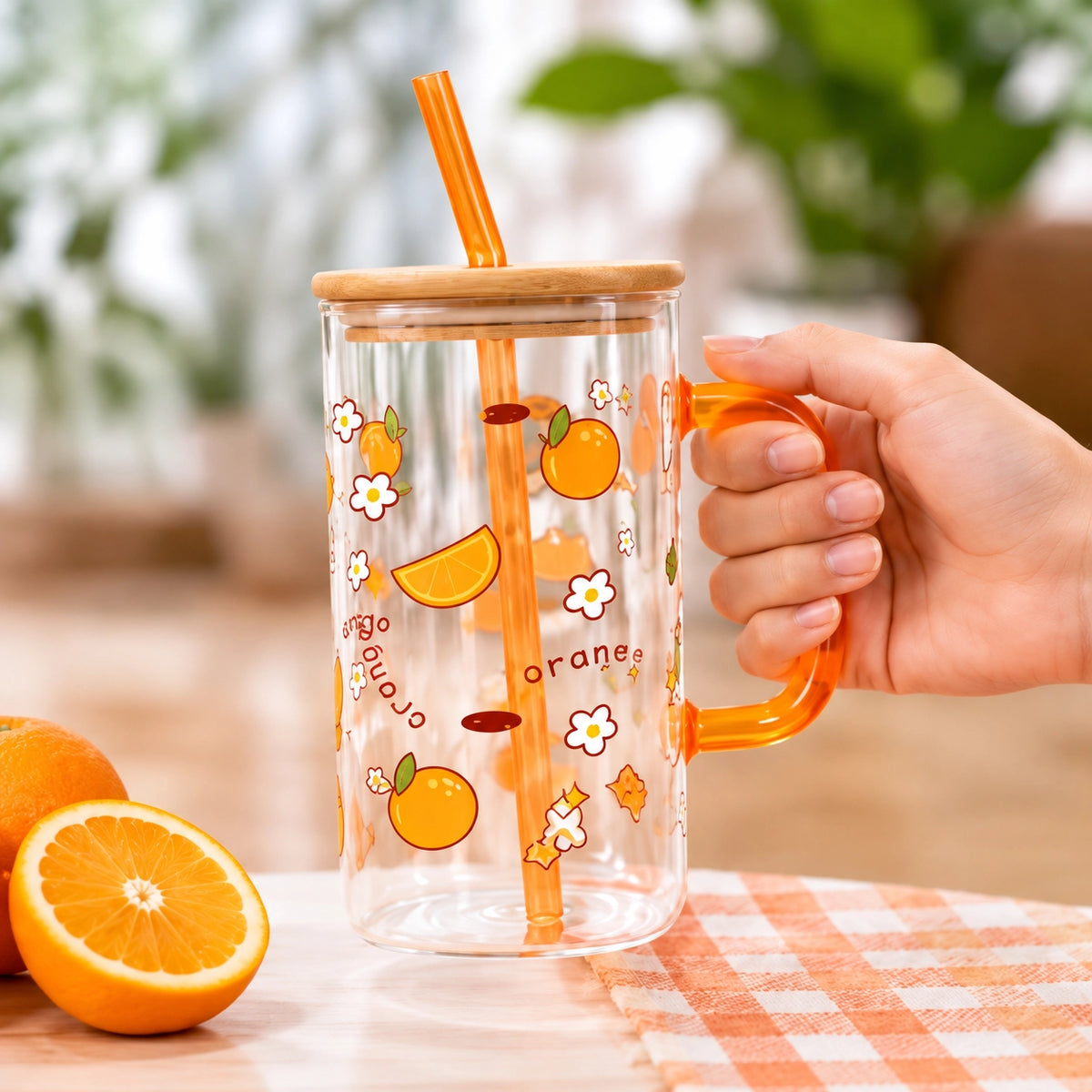 Cute Fruit Glass Sipper Mug with Bamboo Lid & Straw
