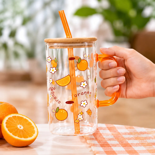 Cute Fruit Glass Sipper Mug with Bamboo Lid & Straw