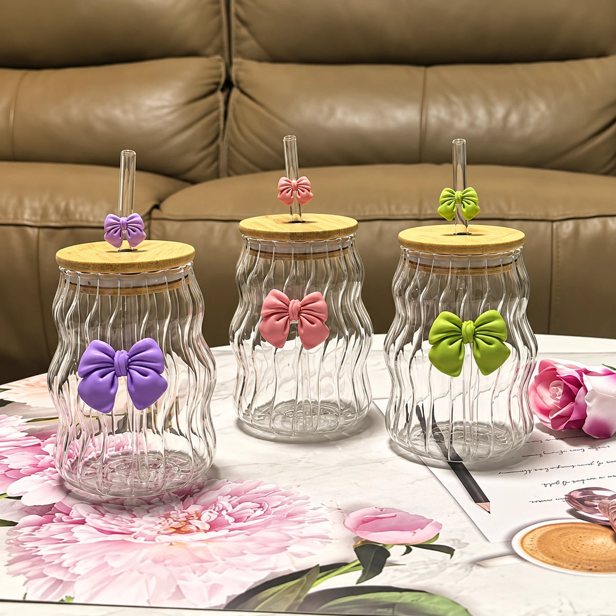 Cloud Bow Lining Sipper Glass Tumbler with Bamboo Wooden Lid & Glass Straw