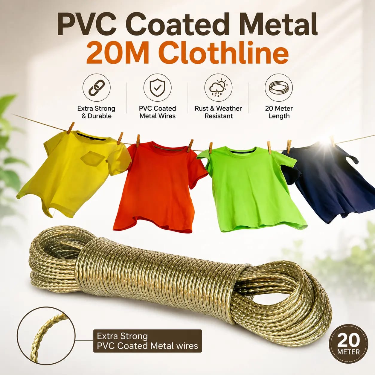 20M PVC Coated Metal Clothesline Rope