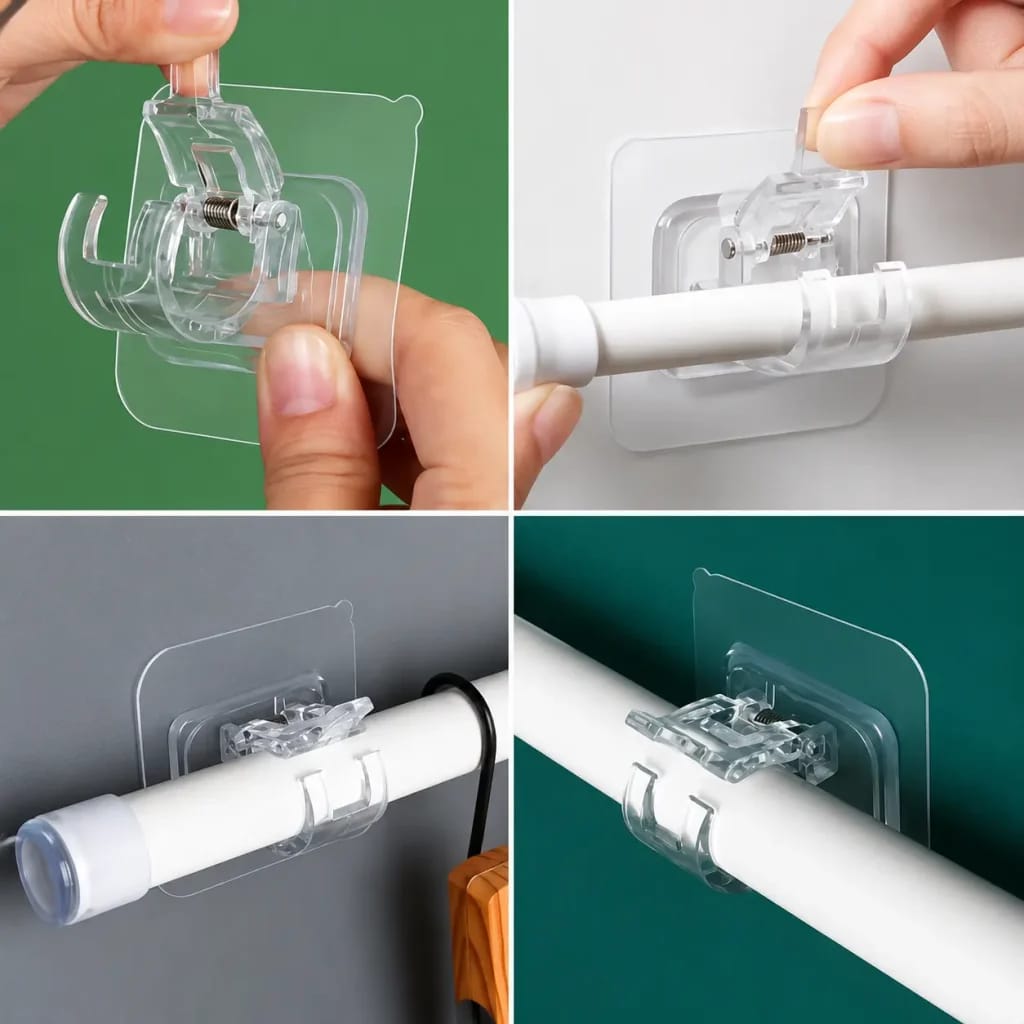 Pack of 2 Transparent Self-Adhesive Curtain Rod Holder Clamps