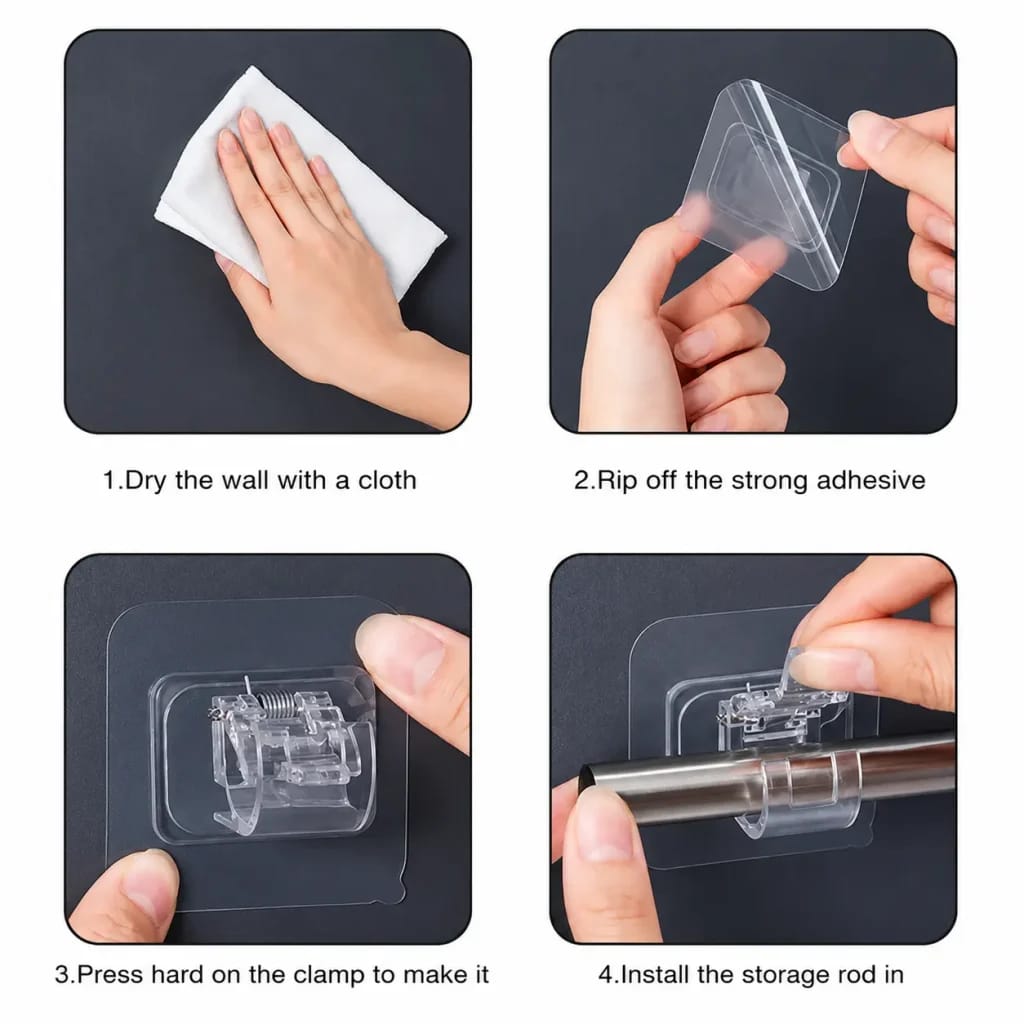 Pack of 2 Transparent Self-Adhesive Curtain Rod Holder Clamps