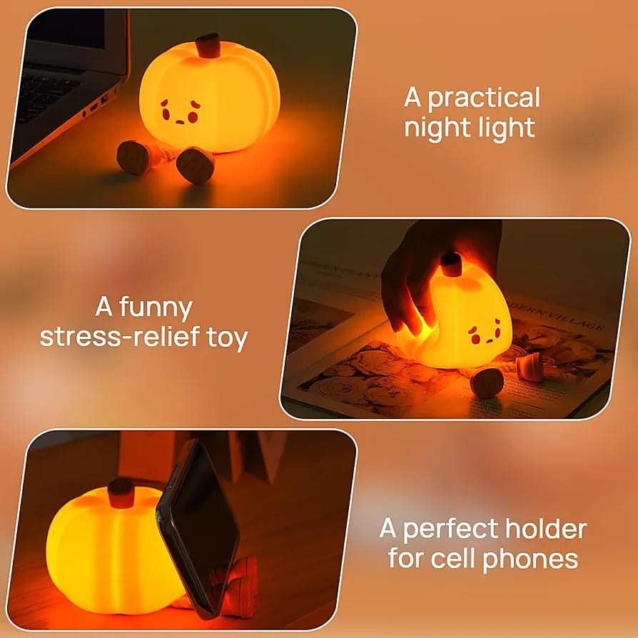 Cute Silicone Pumpkin Night Light – USB Rechargeable Dimmable LED Nursery Lamp
