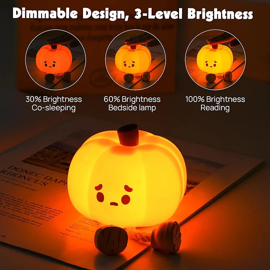 Cute Silicone Pumpkin Night Light – USB Rechargeable Dimmable LED Nursery Lamp