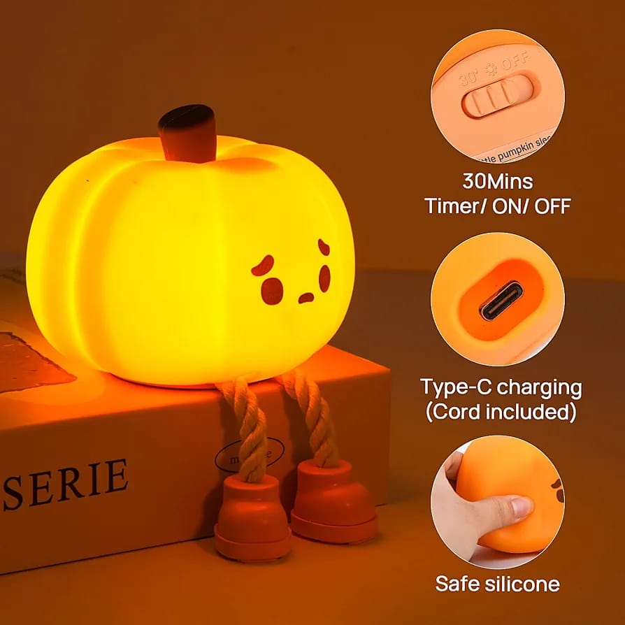 Cute Silicone Pumpkin Night Light – USB Rechargeable Dimmable LED Nursery Lamp