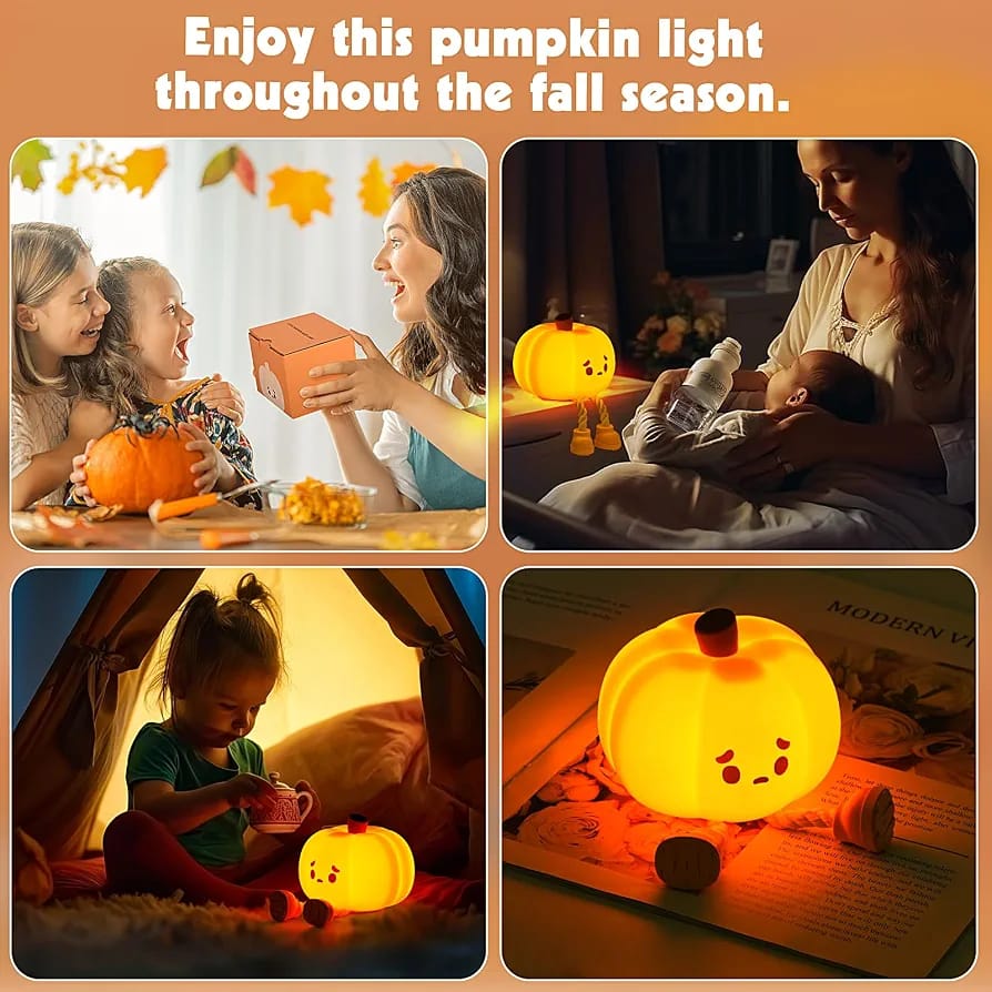 Cute Silicone Pumpkin Night Light – USB Rechargeable Dimmable LED Nursery Lamp
