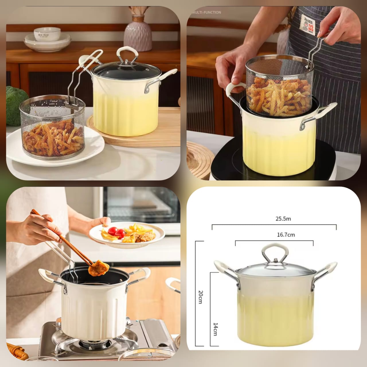 3L Stainless Steel Deep Frying Pot with Strainer Basket & Glass Lid