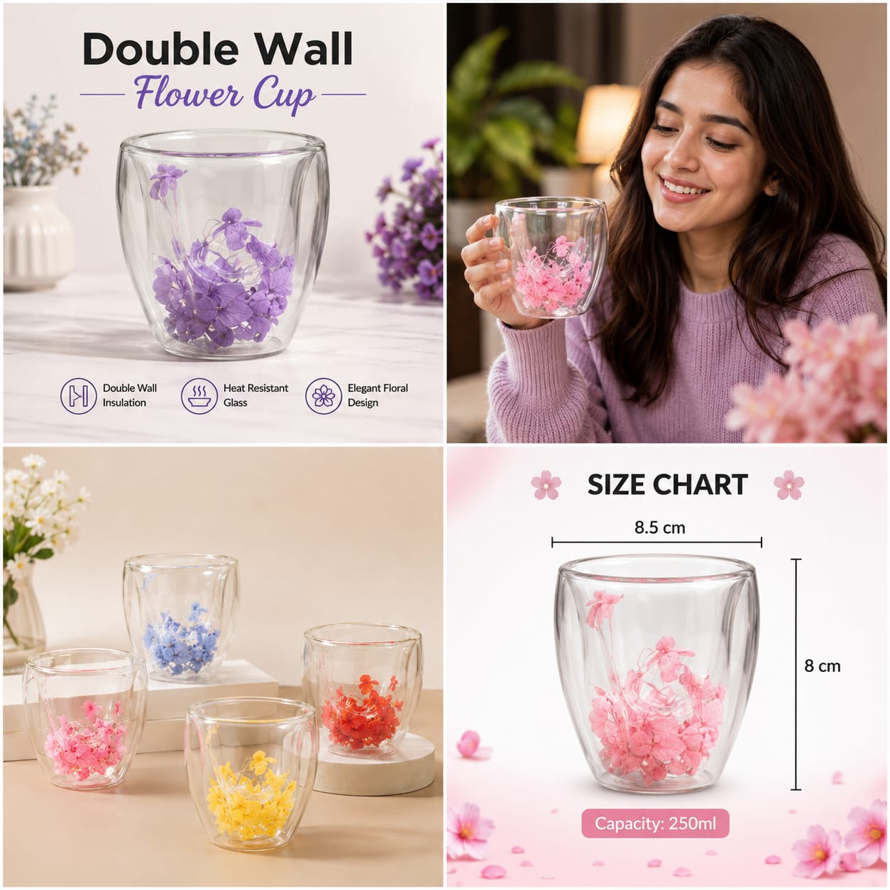 Double Wall Floral Glass Cup