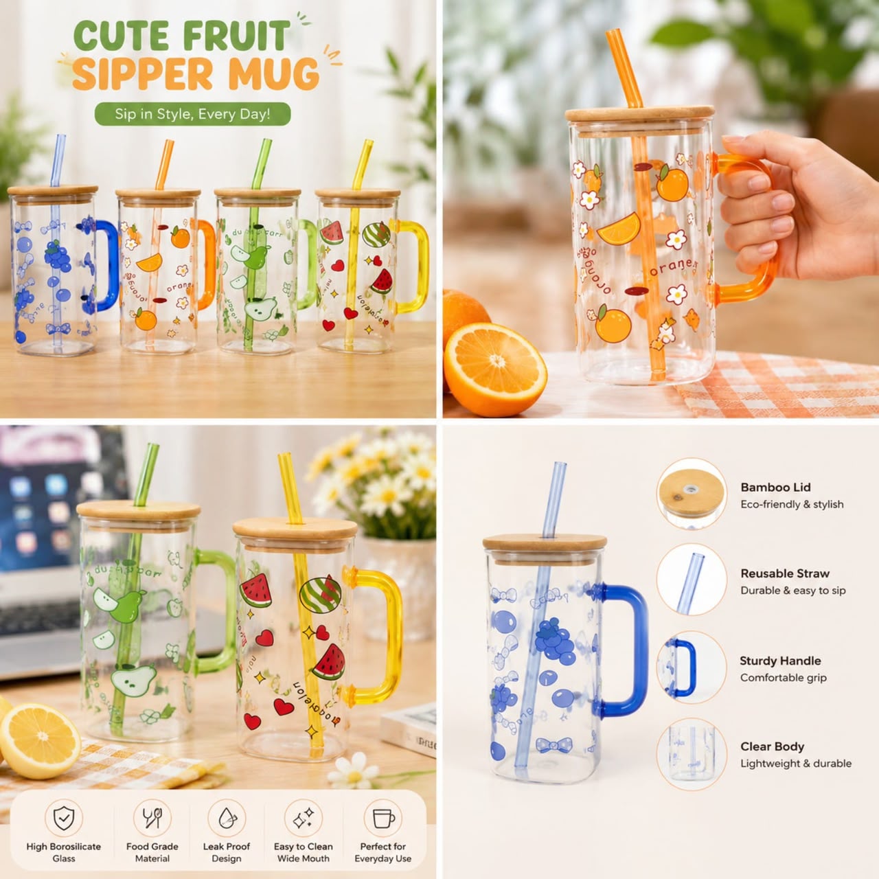 Cute Fruit Glass Sipper Mug with Bamboo Lid & Straw