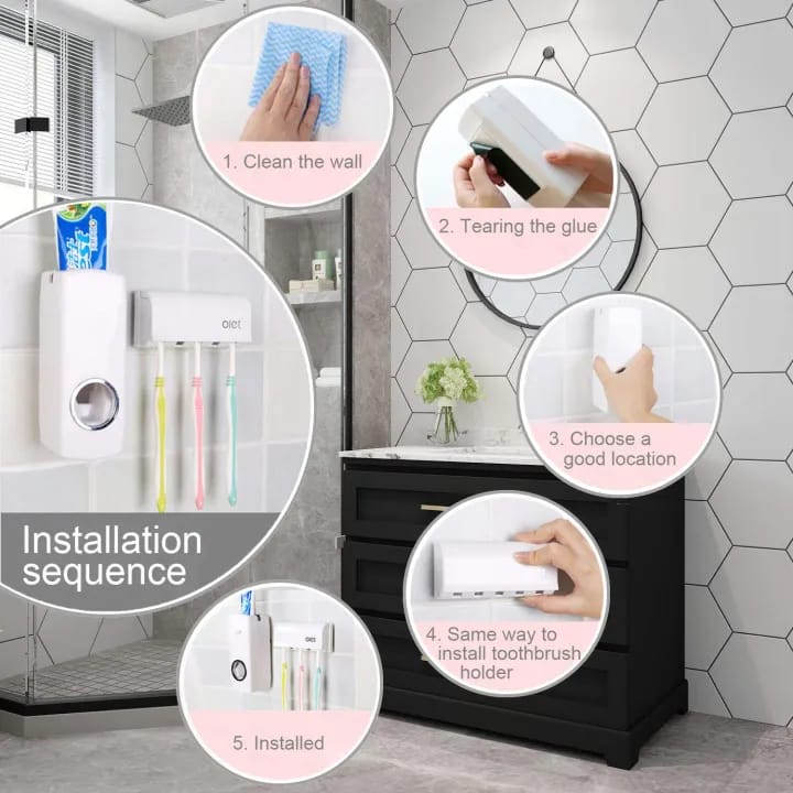 Automatic Toothpaste Dispenser & 5-Slot Toothbrush Holder Set