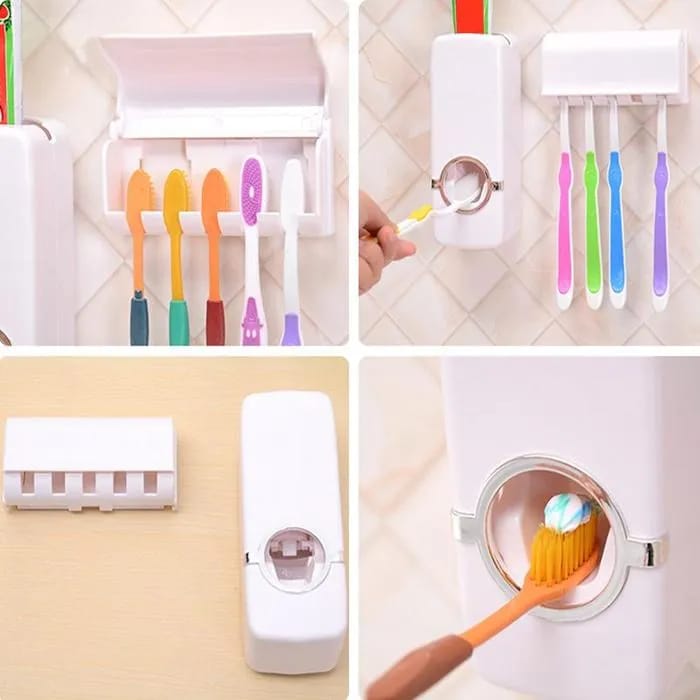 Automatic Toothpaste Dispenser & 5-Slot Toothbrush Holder Set