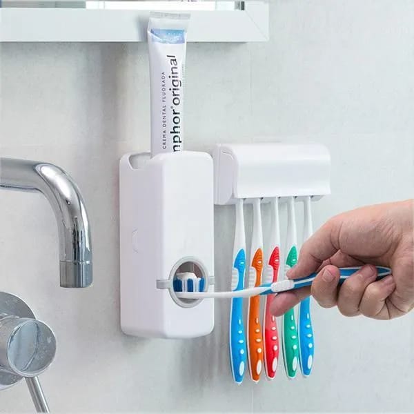 Automatic Toothpaste Dispenser & 5-Slot Toothbrush Holder Set