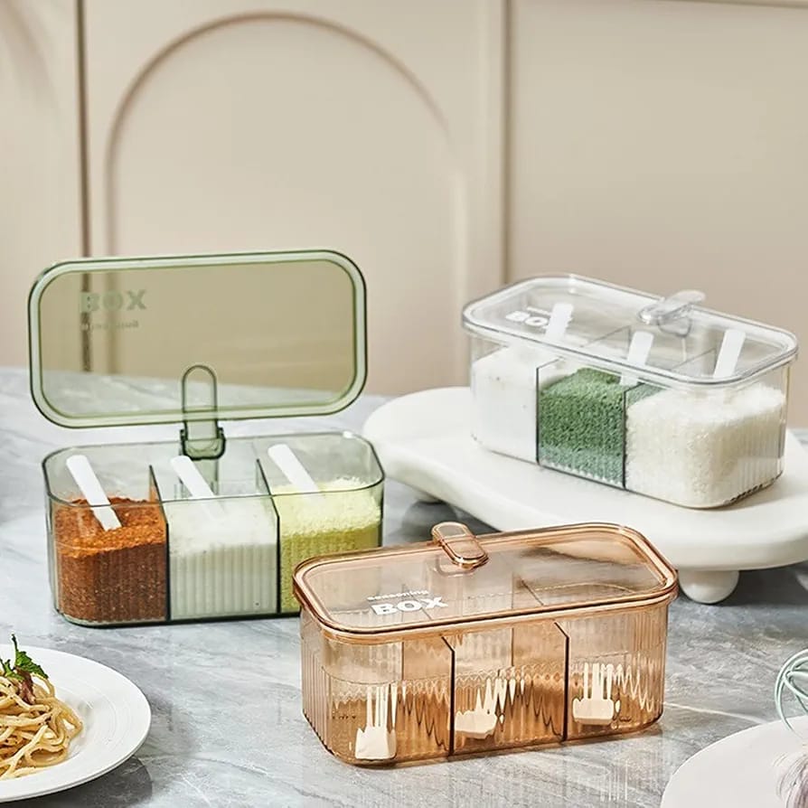 3-Compartment Ribbed Acrylic Spice Organizer Box with Serving Spoons