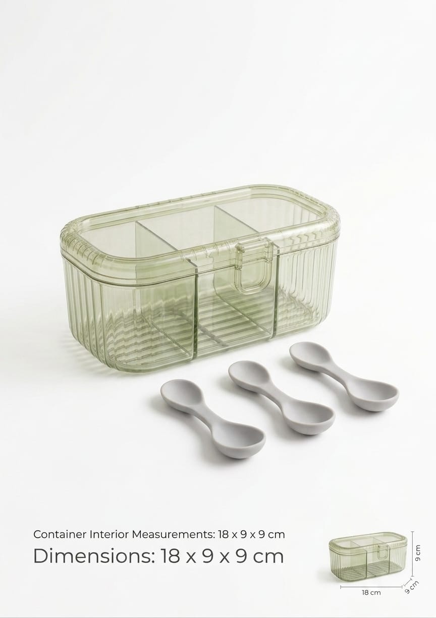 3-Compartment Ribbed Acrylic Spice Organizer Box with Serving Spoons