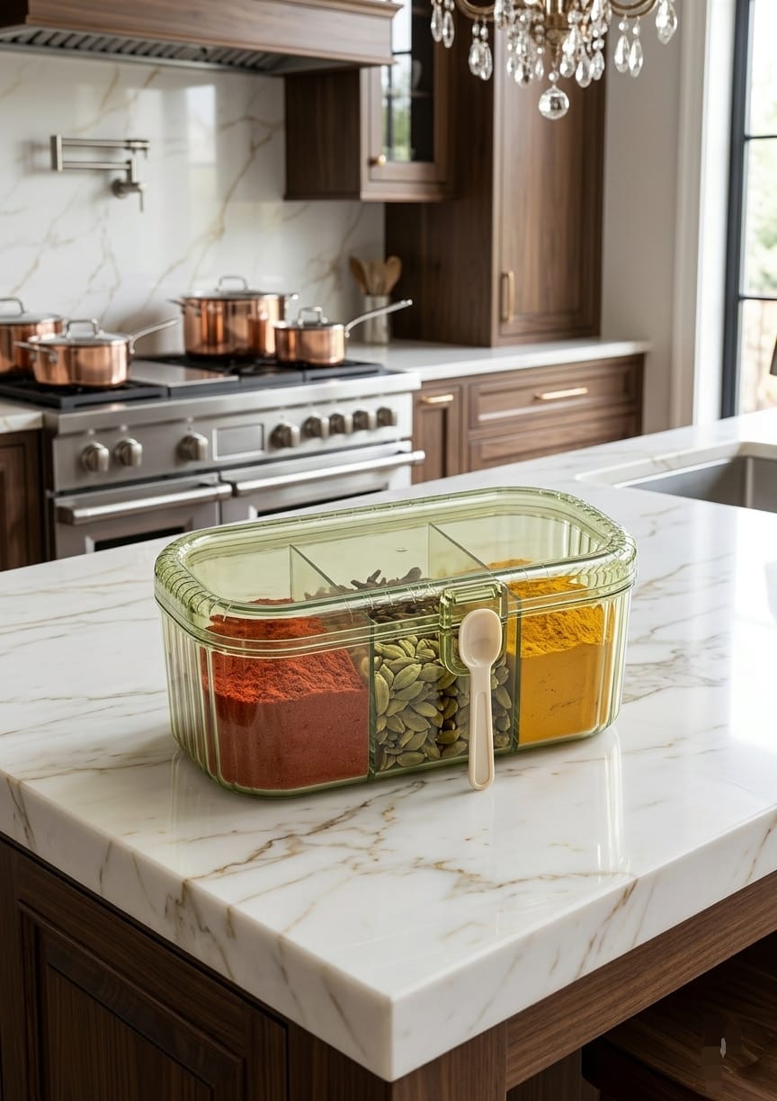 3-Compartment Ribbed Acrylic Spice Organizer Box with Serving Spoons