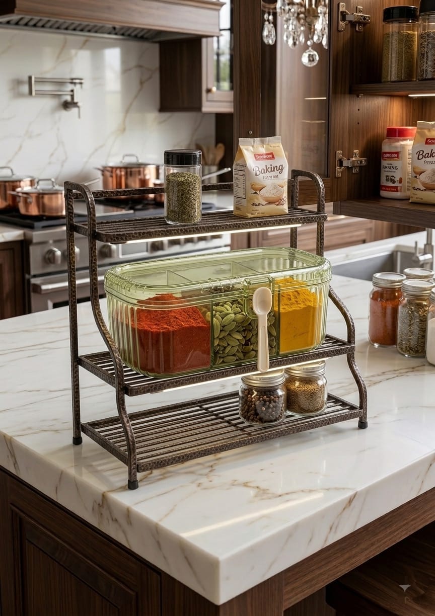 3-Compartment Ribbed Acrylic Spice Organizer Box with Serving Spoons