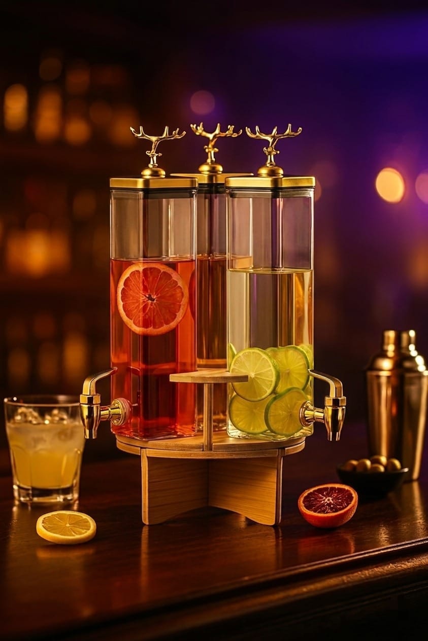 3-in-1 Rotating Glass Beverage Dispenser Set with Wooden Stand & Golden Deer Lids