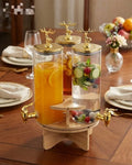 3-in-1 Rotating Glass Beverage Dispenser Set with Wooden Stand & Golden Deer Lids
