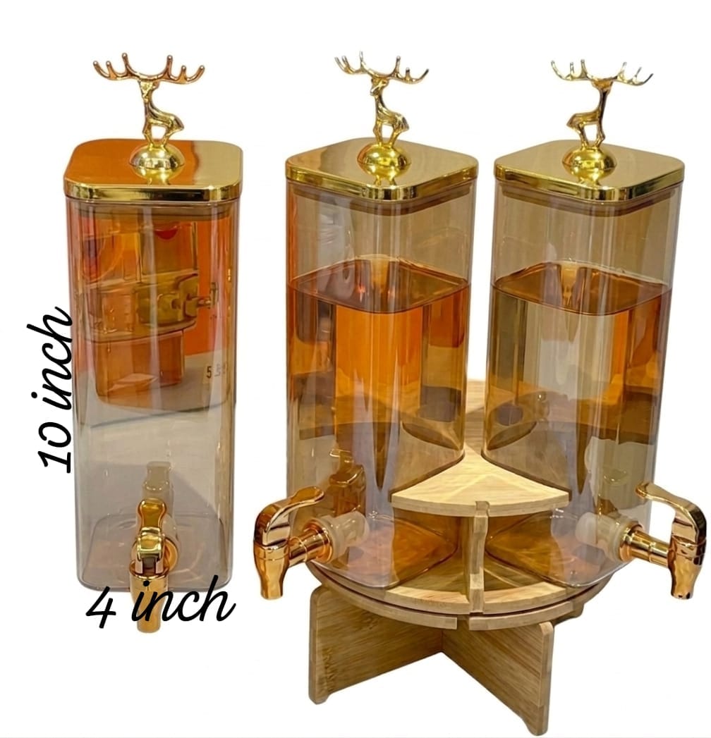3-in-1 Rotating Glass Beverage Dispenser Set with Wooden Stand & Golden Deer Lids
