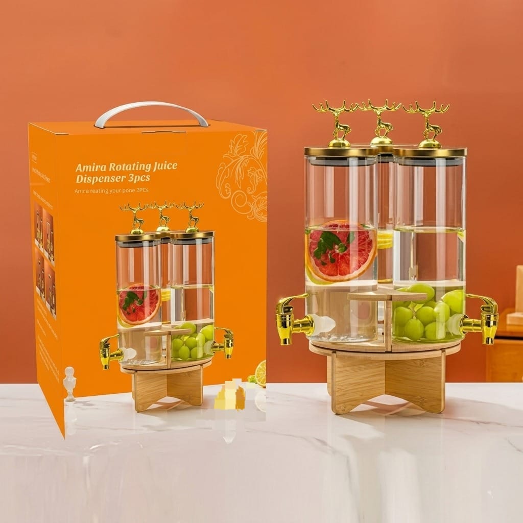 3-in-1 Rotating Glass Beverage Dispenser Set with Wooden Stand & Golden Deer Lids