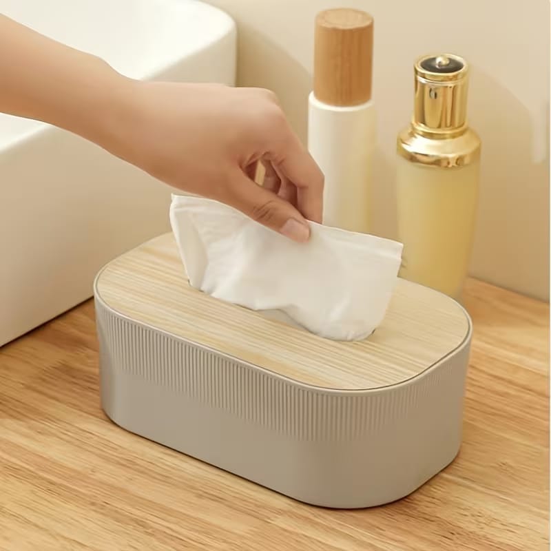 Modern Nordic Style Tissue Box Cover with Wood-Grain Lid