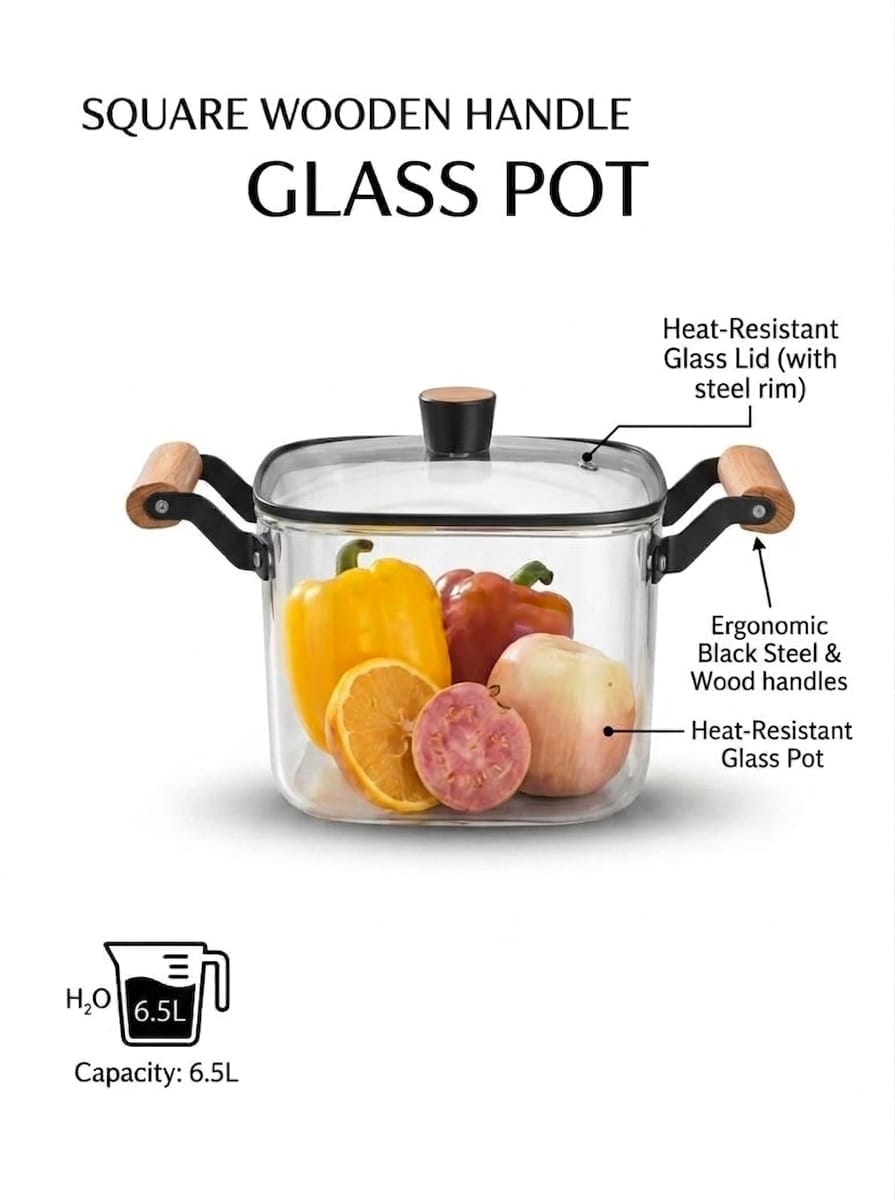 6.5L Heat-Resistant Borosilicate Square Glass Cooking Pot