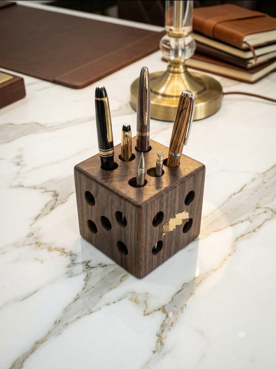 Pack of 2 Wooden Dice Shape Pen & Stationery Holder