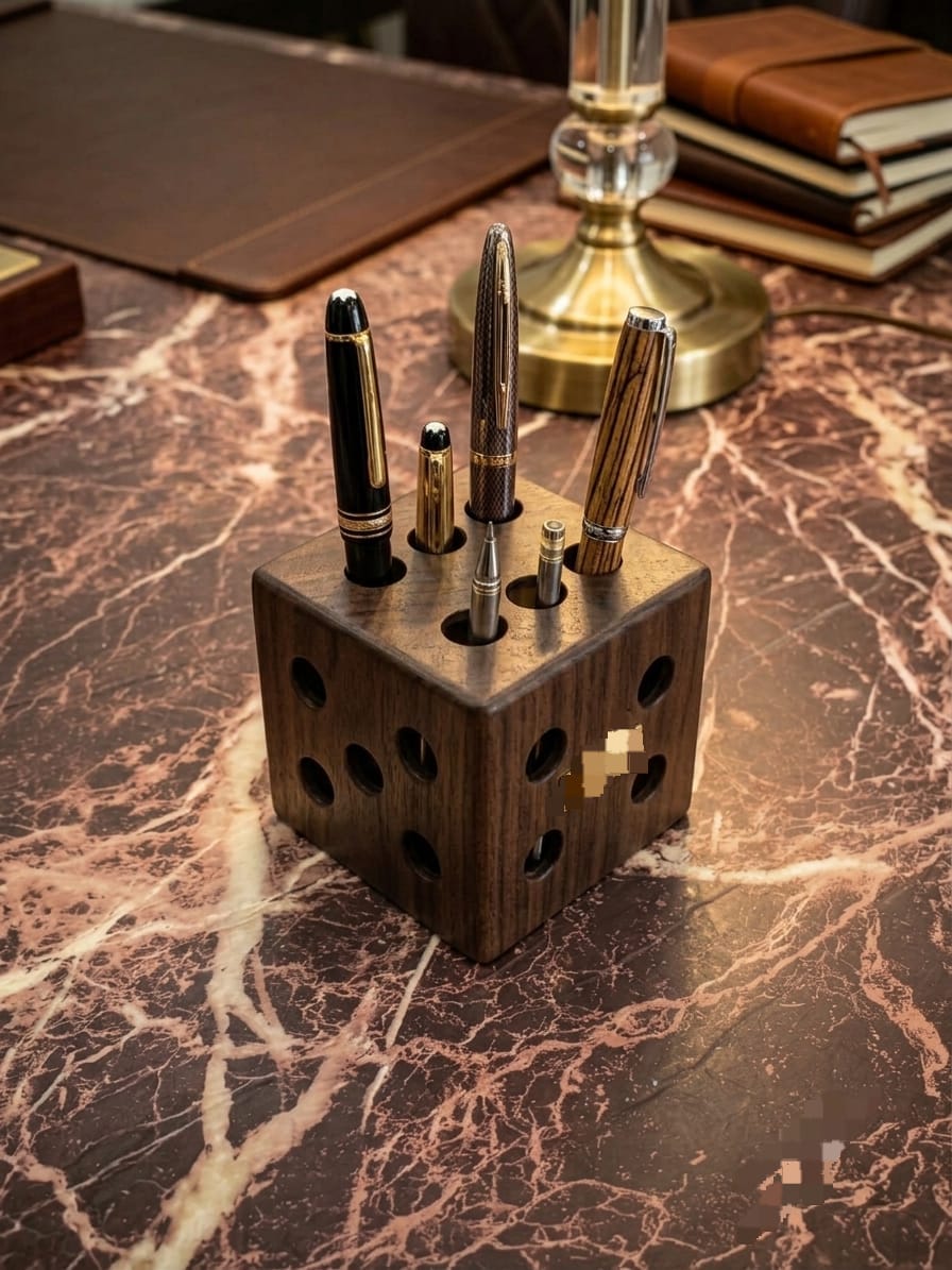 Pack of 2 Wooden Dice Shape Pen & Stationery Holder