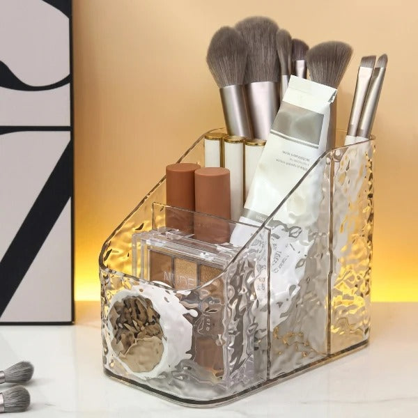 3-Compartment Clear Acrylic Makeup Brush Holder & Cosmetic Organizer