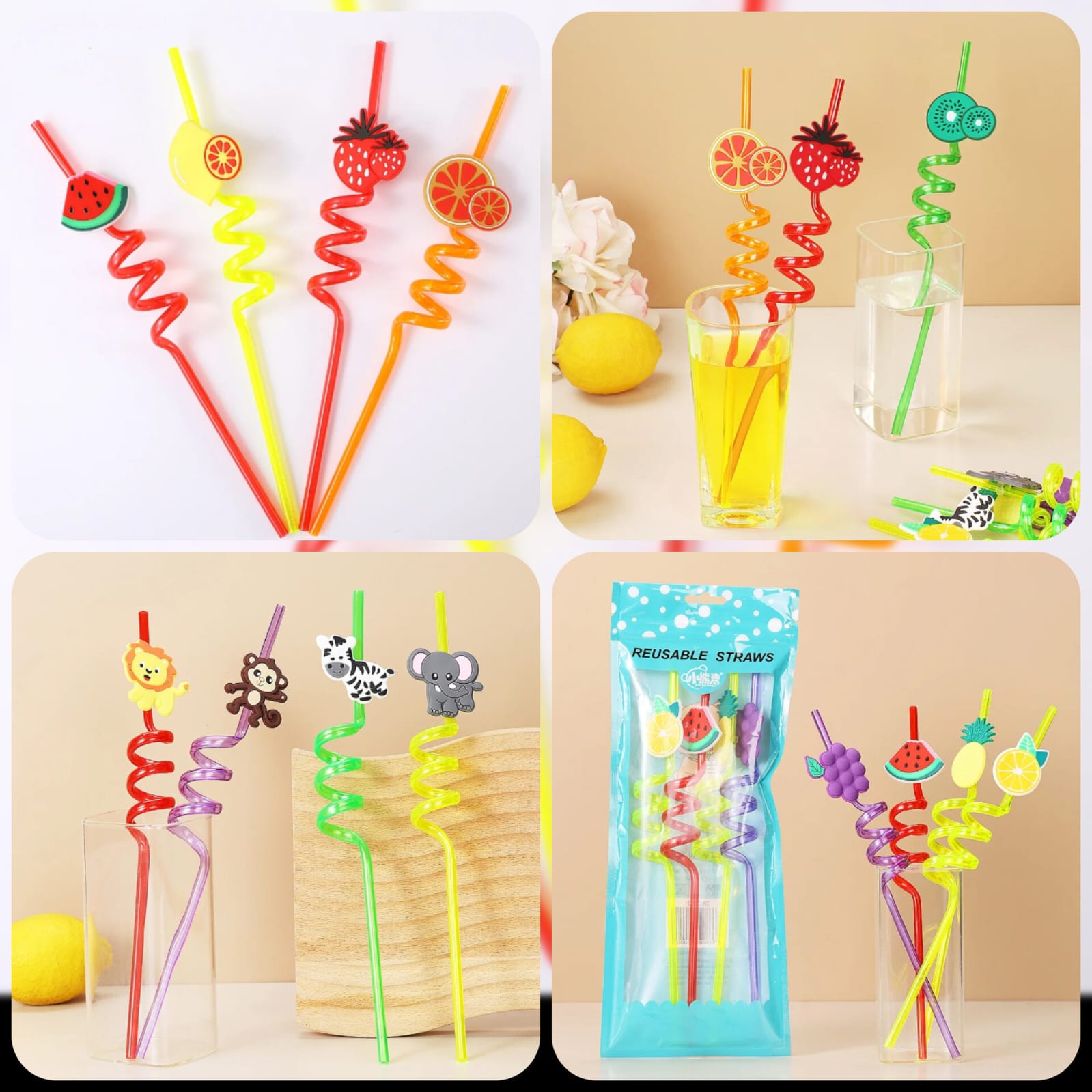 Pack of 4 Reusable Spiral Crazy Straws with Cute Cartoon Attachments