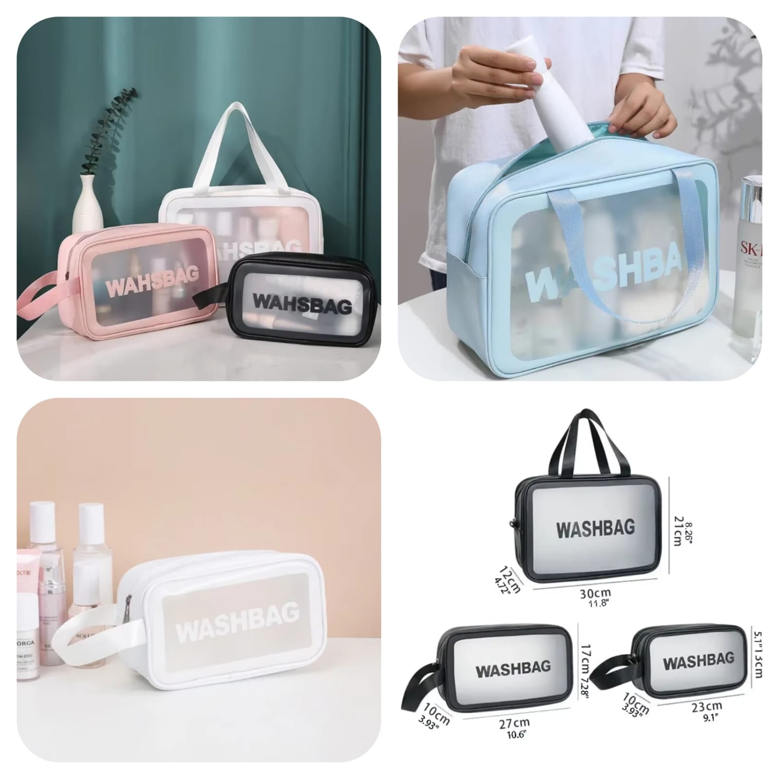 Pack of 3 Waterproof Clear Cosmetic Washbag Set