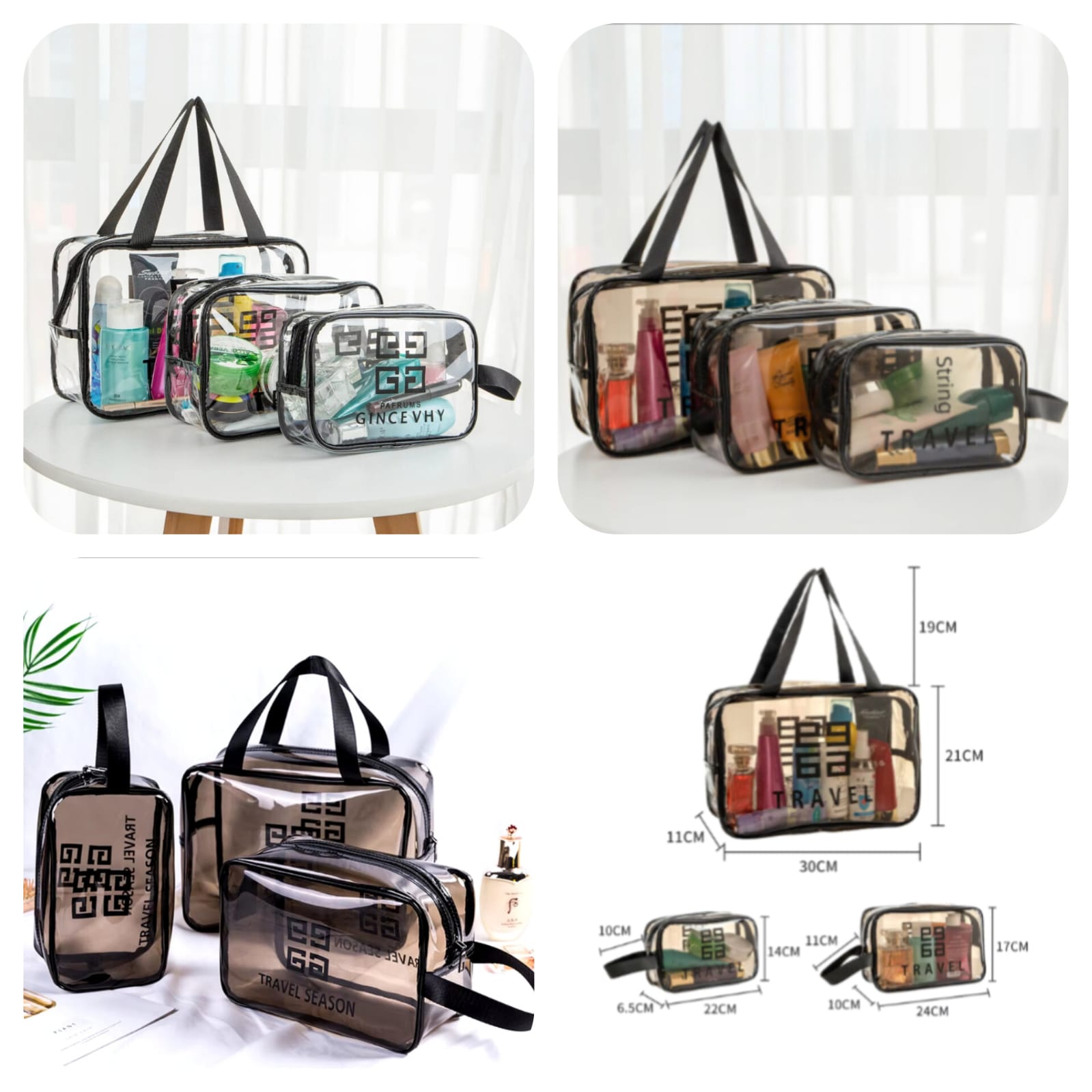 Pack of 3 Transparent Travel Cosmetic Bag Set