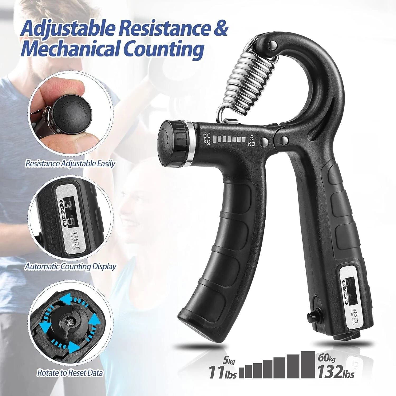 Adjustable Hand Grip Strengthener with Mechanical Counter