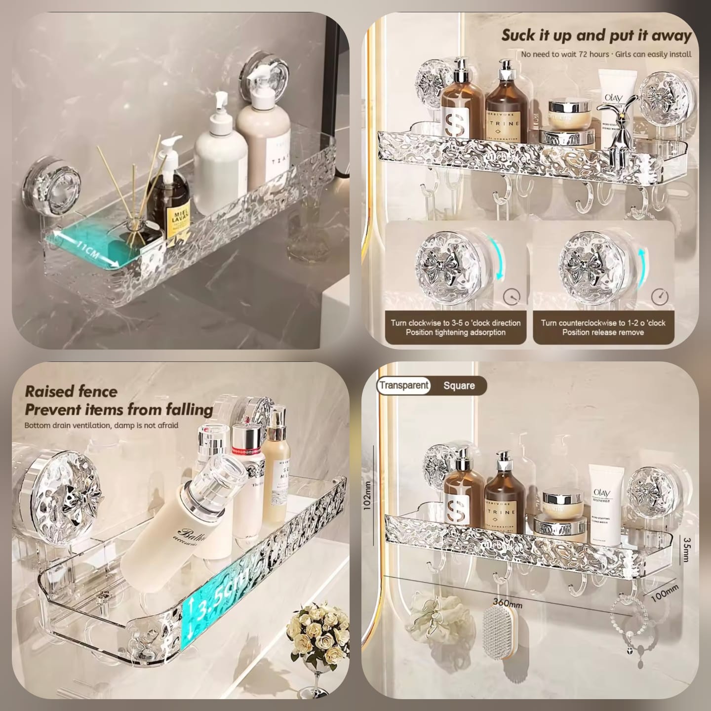 Clear Acrylic Suction Cup Wall-Mounted Bathroom Shelf