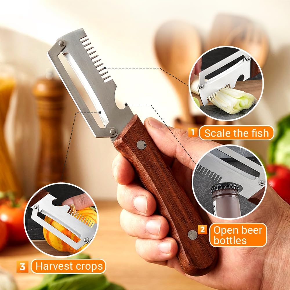 Multifunctional 3-in-1 Stainless Steel Vegetable Peeler with Wooden Handle