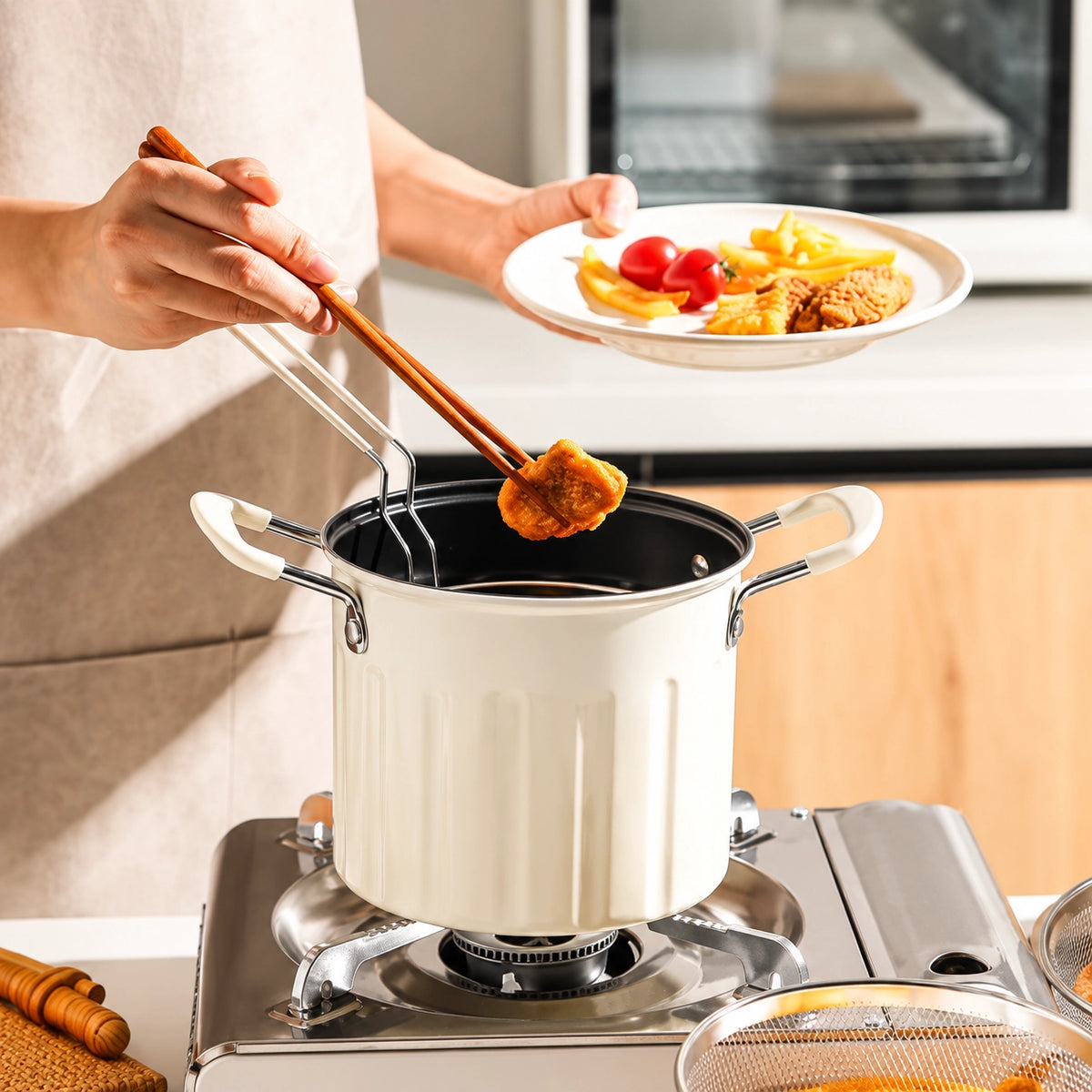 3L Stainless Steel Deep Frying Pot with Strainer Basket & Glass Lid