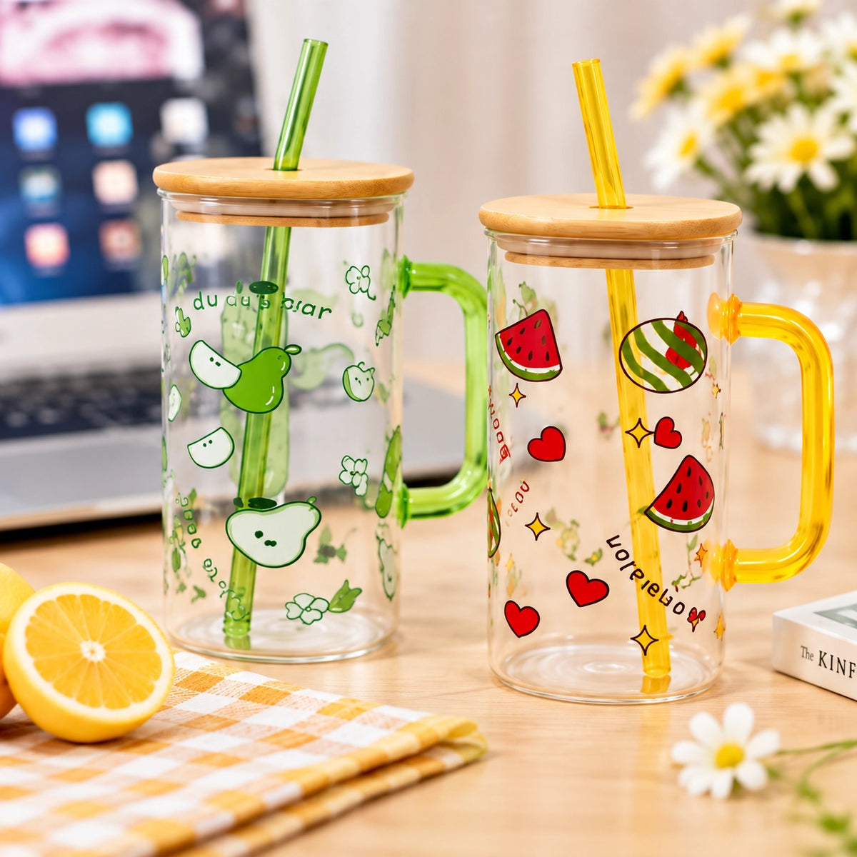 Cute Fruit Glass Sipper Mug with Bamboo Lid & Straw