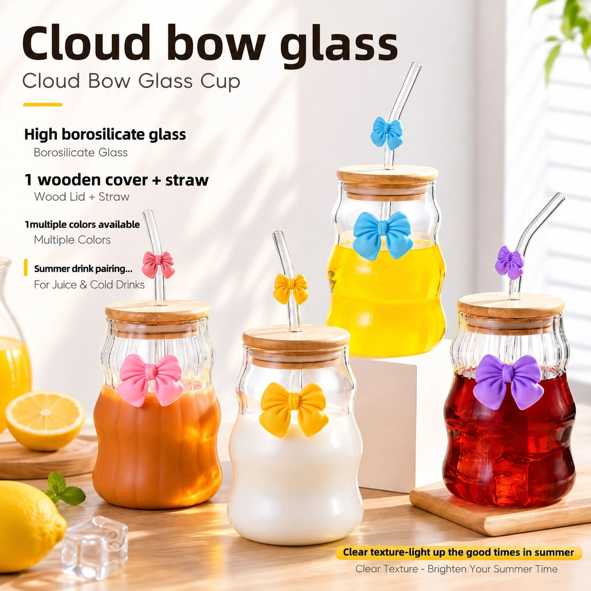 Cloud Bow Lining Sipper Glass Tumbler with Bamboo Wooden Lid & Glass Straw
