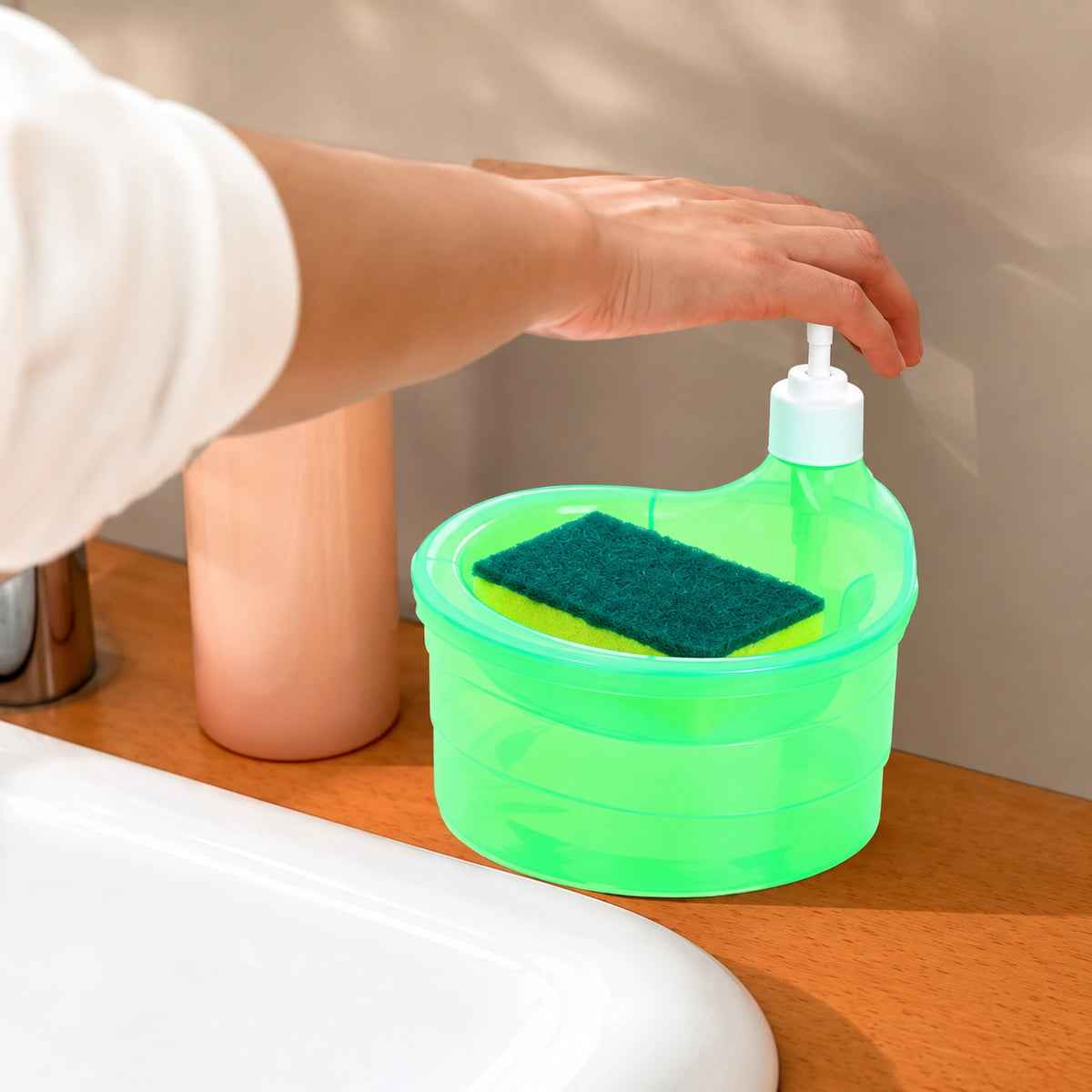 2-in-1 Manual Soap Dispenser with Sponge Holder & Cleaning Sponge