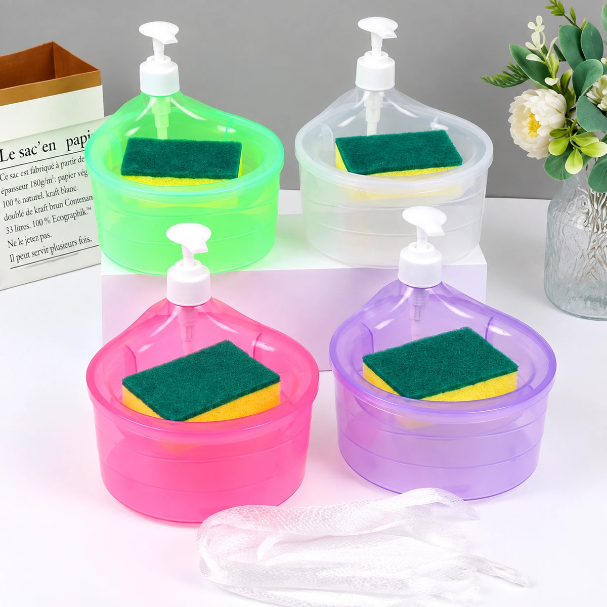 2-in-1 Manual Soap Dispenser with Sponge Holder & Cleaning Sponge